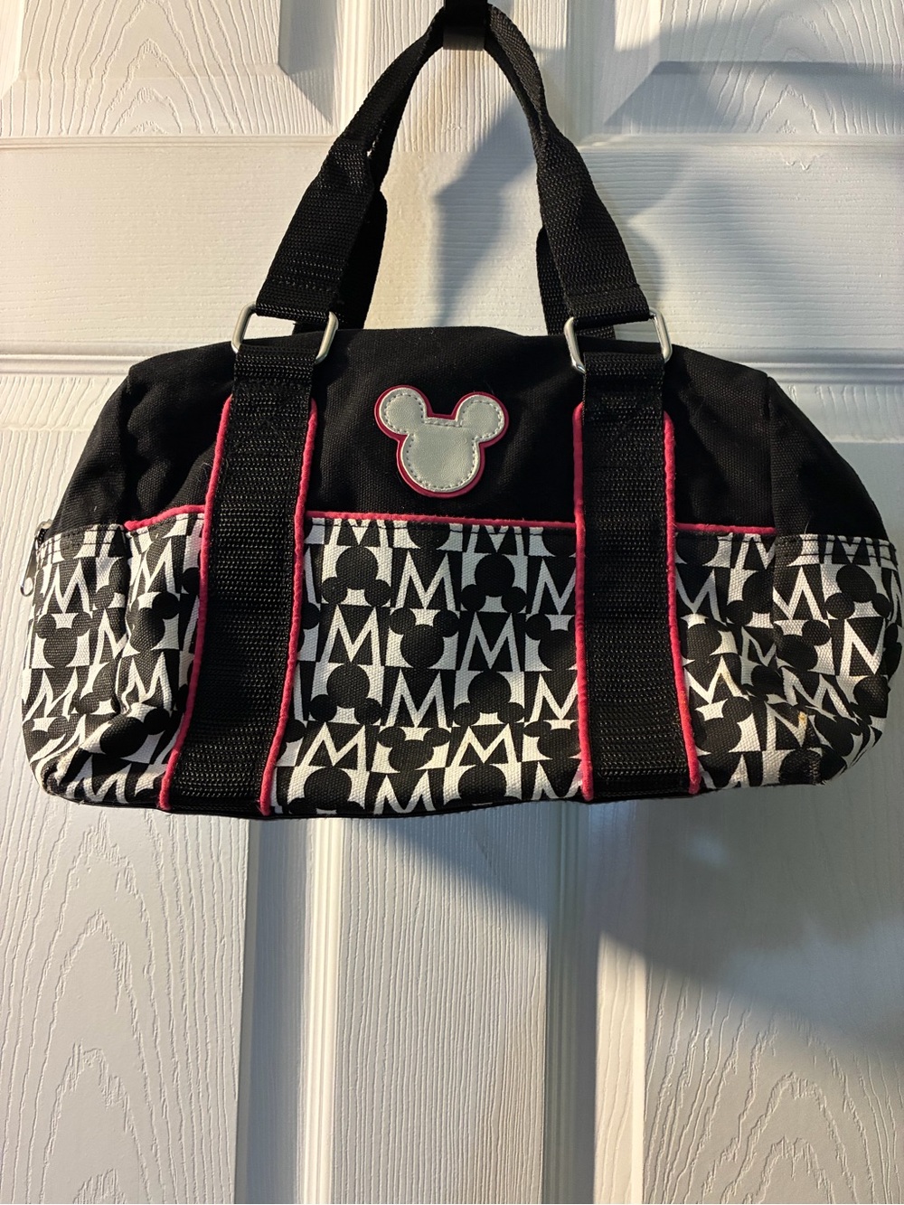 Disney Black & White Mickey Pattern Tote with Pink Trim